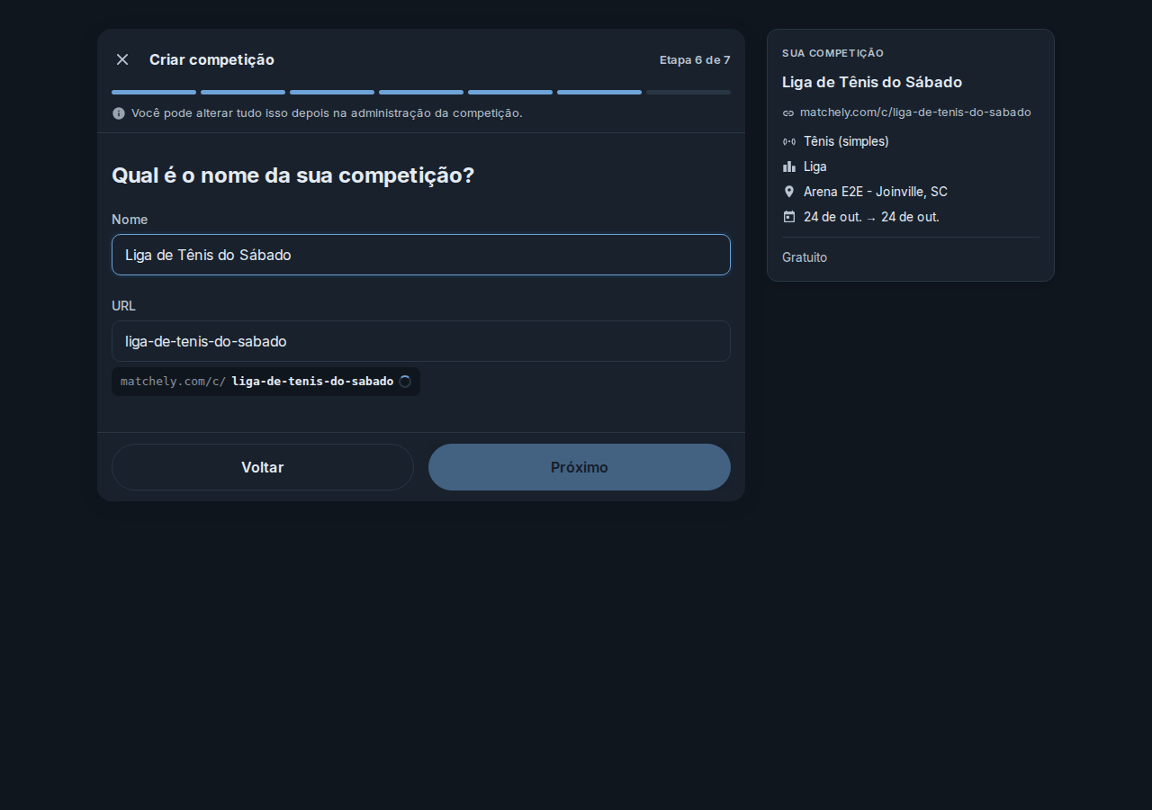 Primeiro passo do assistente de criação, com o campo de nome preenchido e o endereço da competição gerado automaticamente