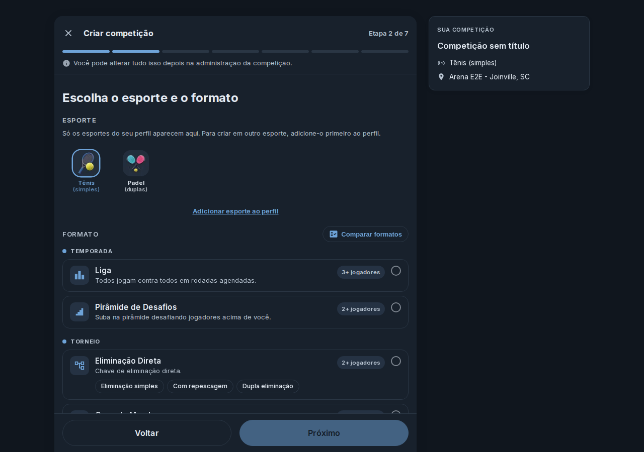 Terceiro passo do assistente, com um esporte selecionado e a lista de formatos disponíveis