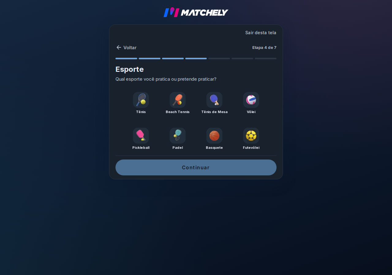 Passo do assistente de perfil com a lista de esportes disponíveis