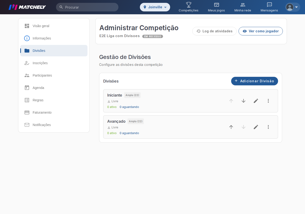 Tela de gestão de divisões, com duas divisões criadas e o menu lateral da administração