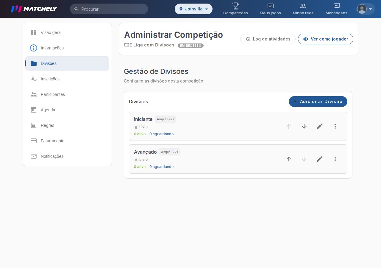Tela de gestão de divisões, com duas divisões criadas e o menu lateral da administração