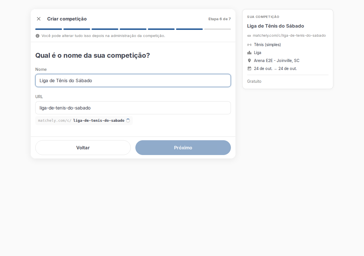 Primeiro passo do assistente de criação, com o campo de nome preenchido e o endereço da competição gerado automaticamente