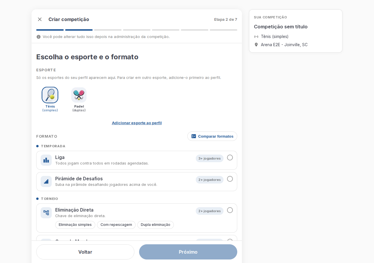 Terceiro passo do assistente, com um esporte selecionado e a lista de formatos disponíveis