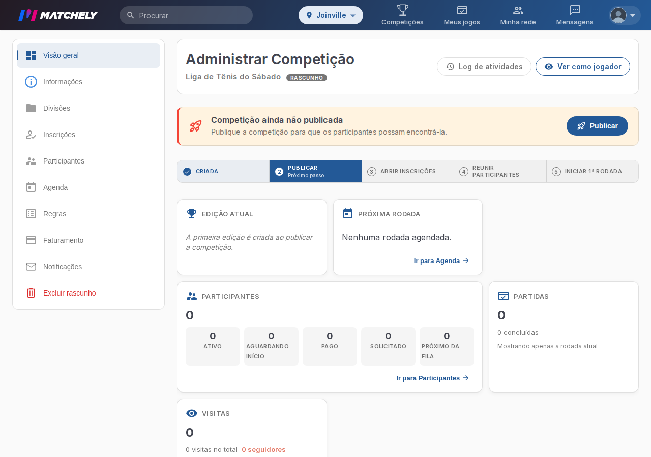 Tela de administração da competição, com o aviso de que ela ainda não foi publicada e o botão Publicar