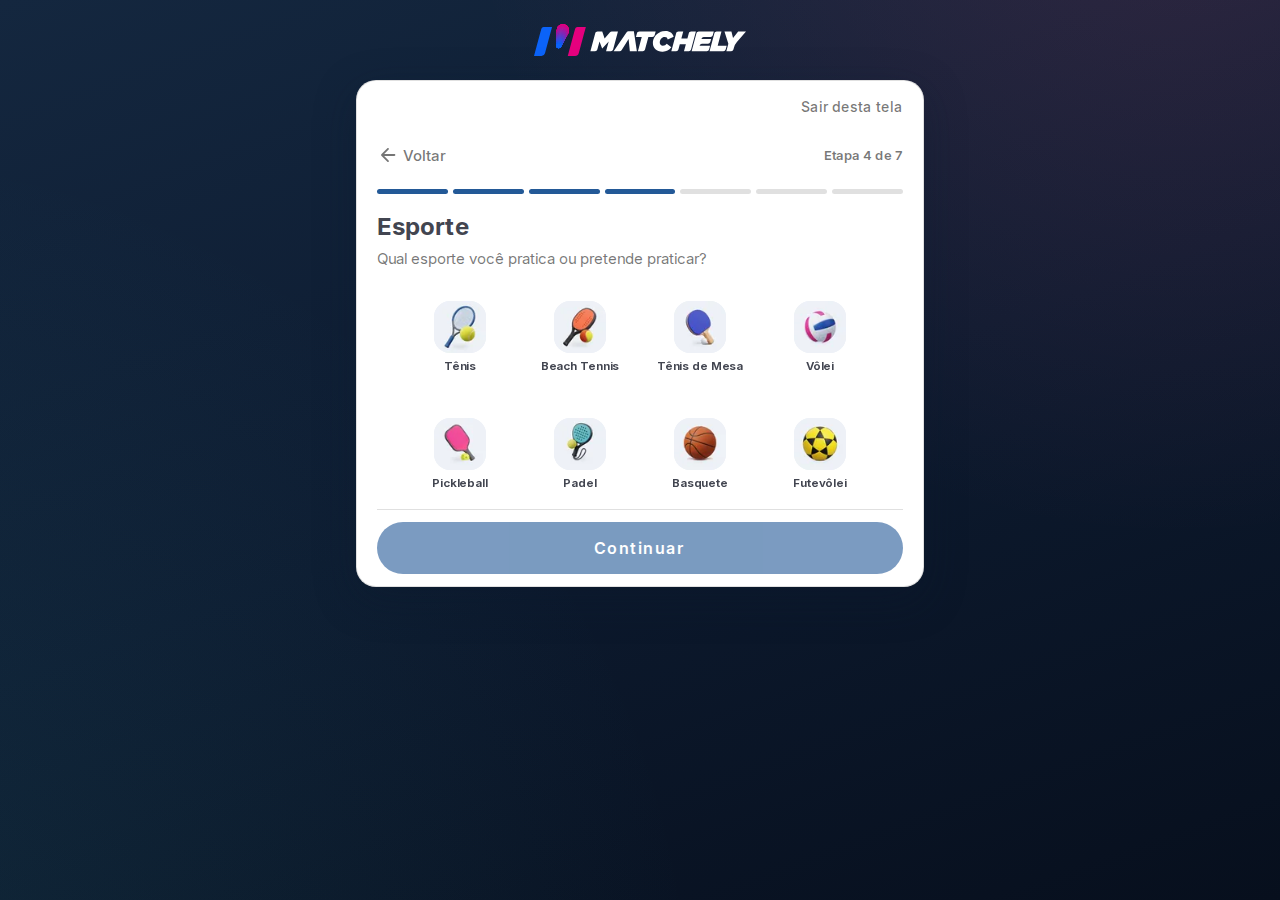 Passo do assistente de perfil com a lista de esportes disponíveis