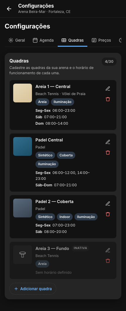 Aba Quadras das configurações da arena, com o contador 4/30, quatro cards de quadra com foto, esportes, características e horário de funcionamento, uma delas inativa, e o botão Adicionar quadra