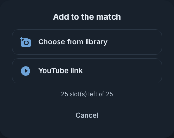 The Add to match menu with the Choose from library and YouTube link options