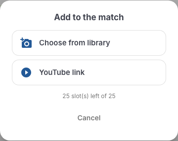 The Add to match menu with the Choose from library and YouTube link options