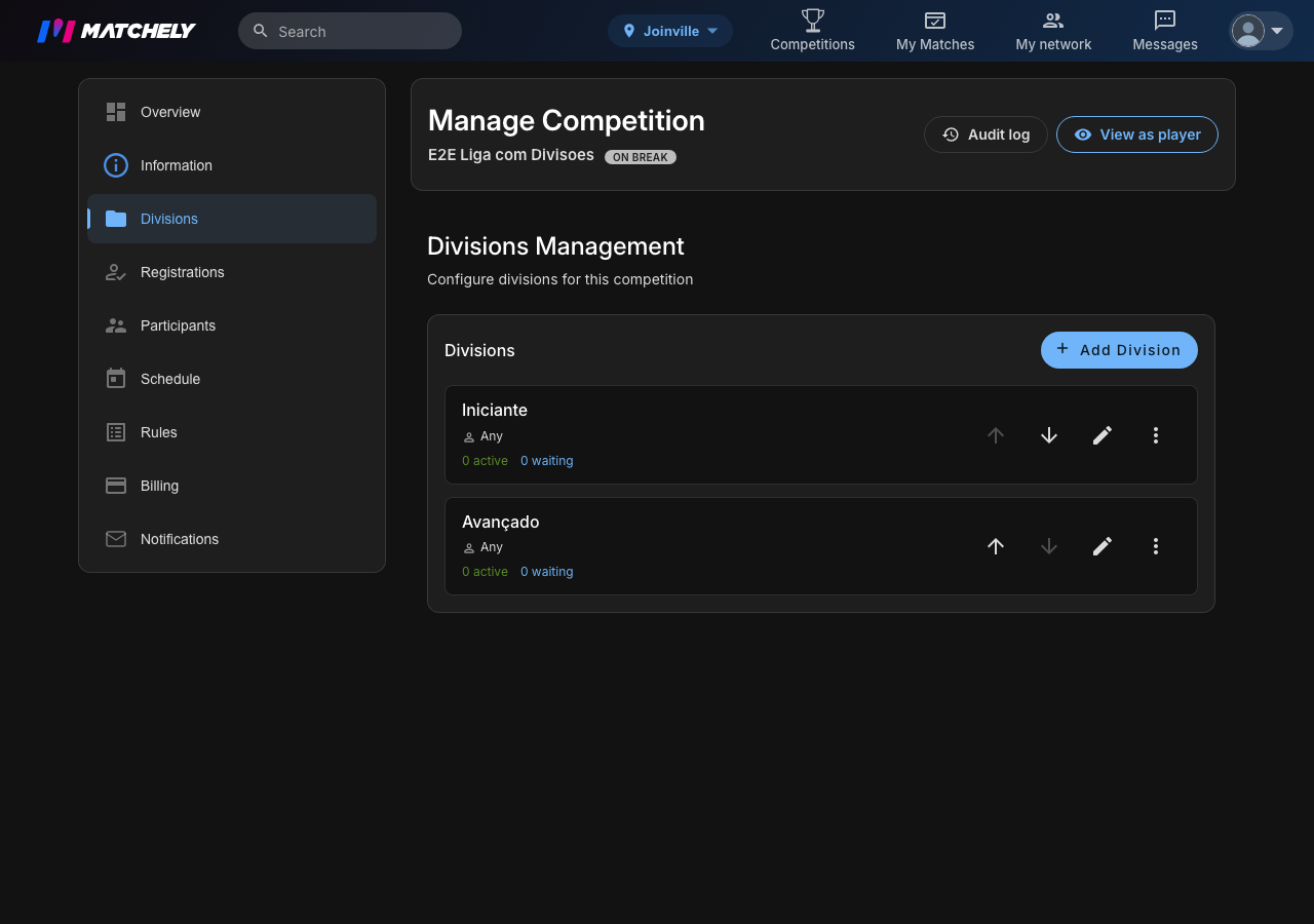 Division management screen, with two divisions created and the admin side menu