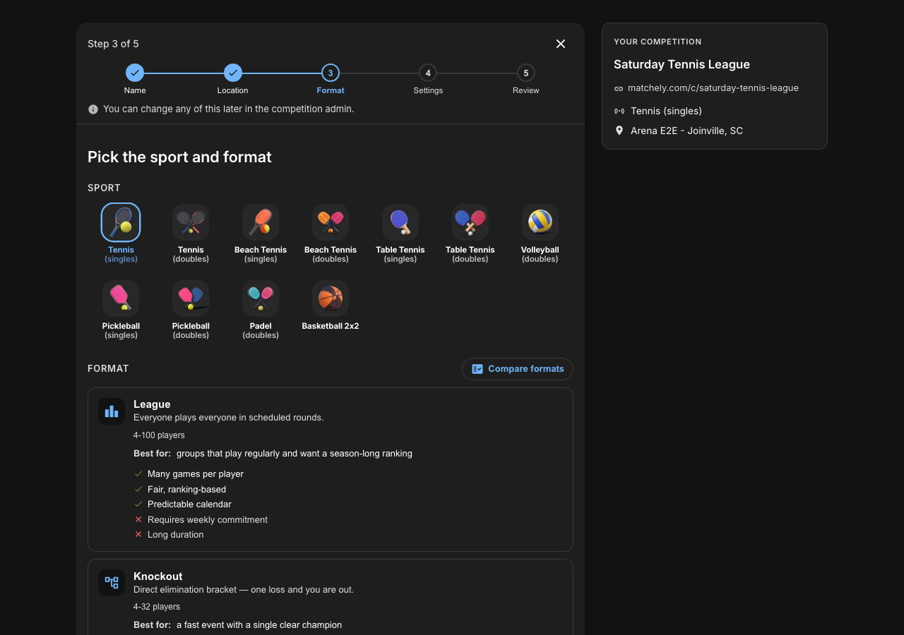 Third step of the wizard, with a sport selected and the list of available formats