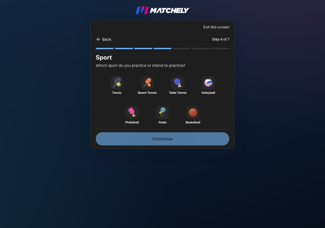 Profile wizard step showing the list of available sports