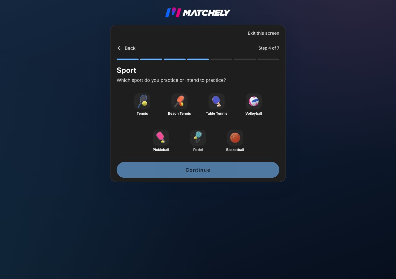 Profile wizard step showing the list of available sports