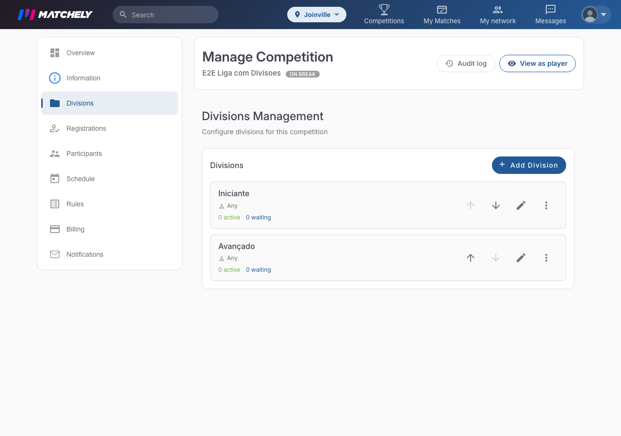 Division management screen, with two divisions created and the admin side menu