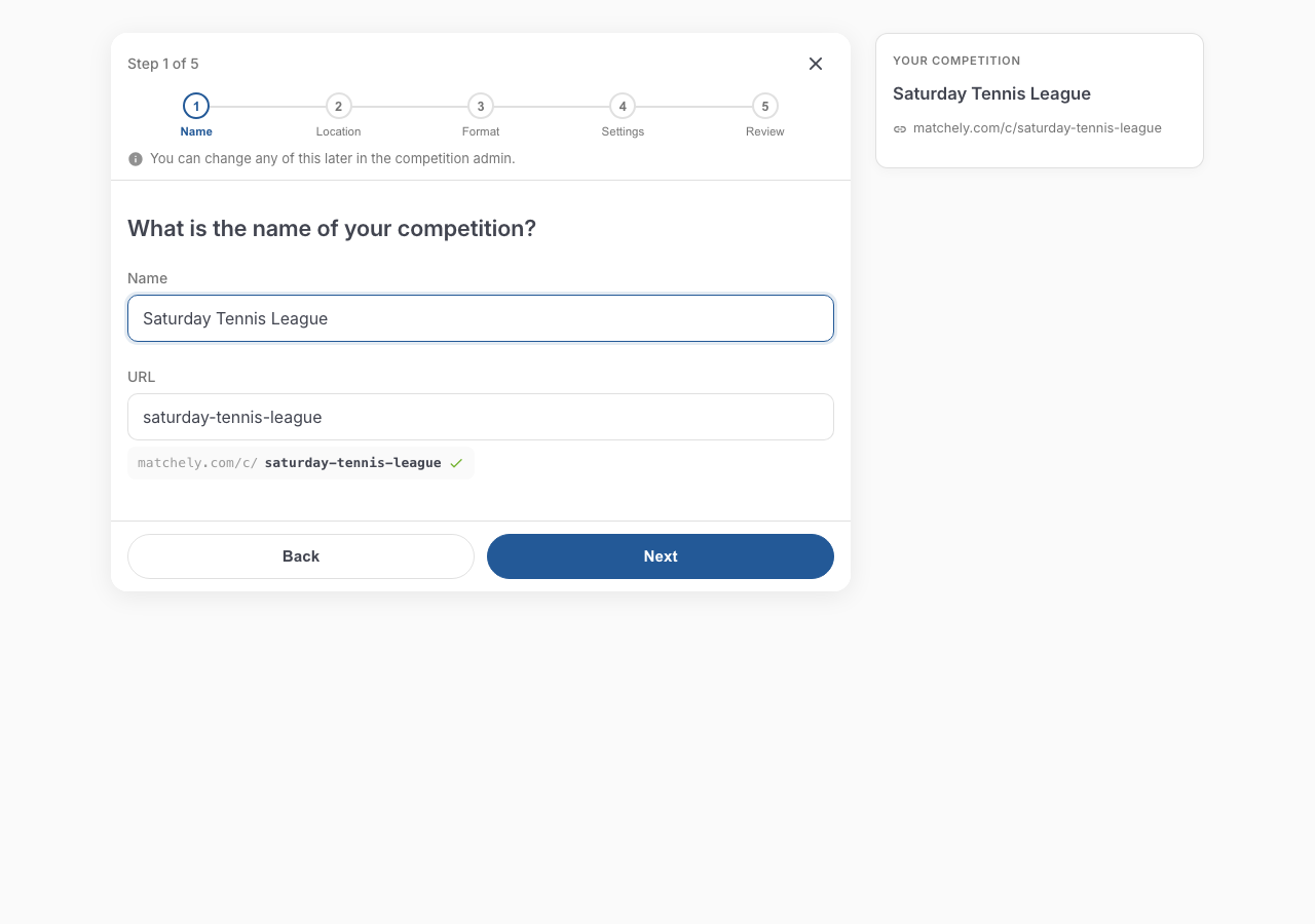 First step of the creation wizard, with the name filled in and the competition address generated automatically