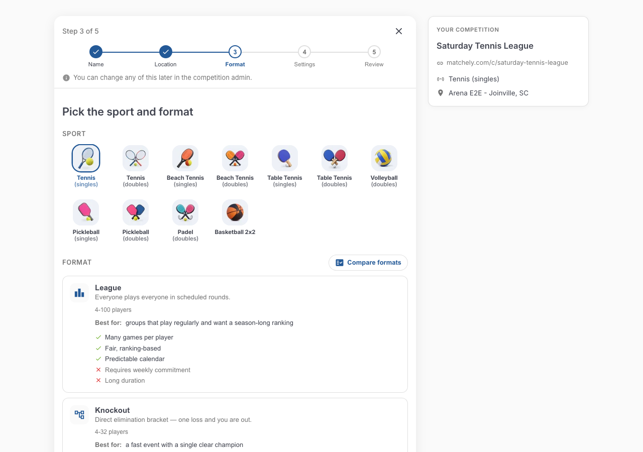 Third step of the wizard, with a sport selected and the list of available formats