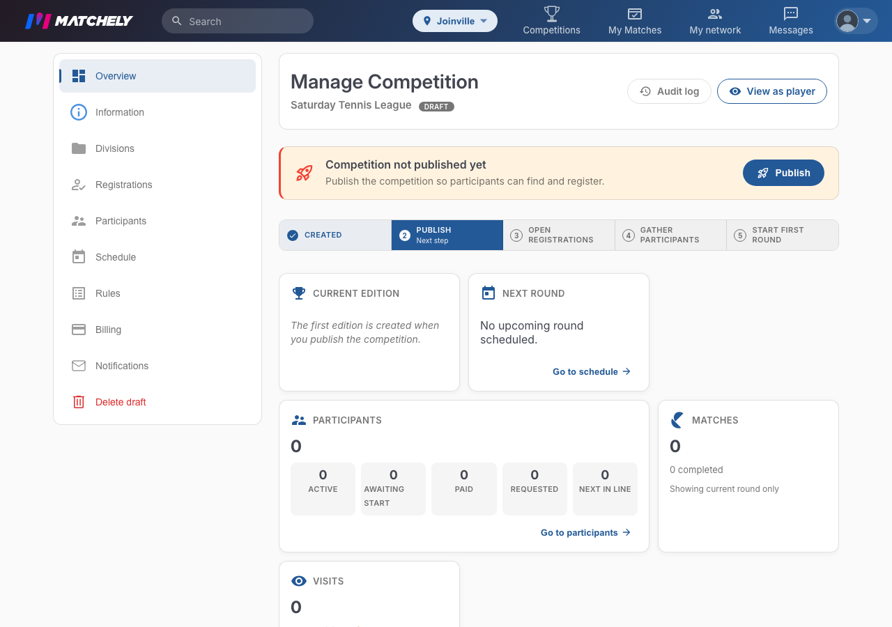 Competition admin screen, with the notice that it has not been published and the Publish button
