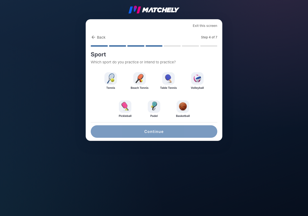Profile wizard step showing the list of available sports