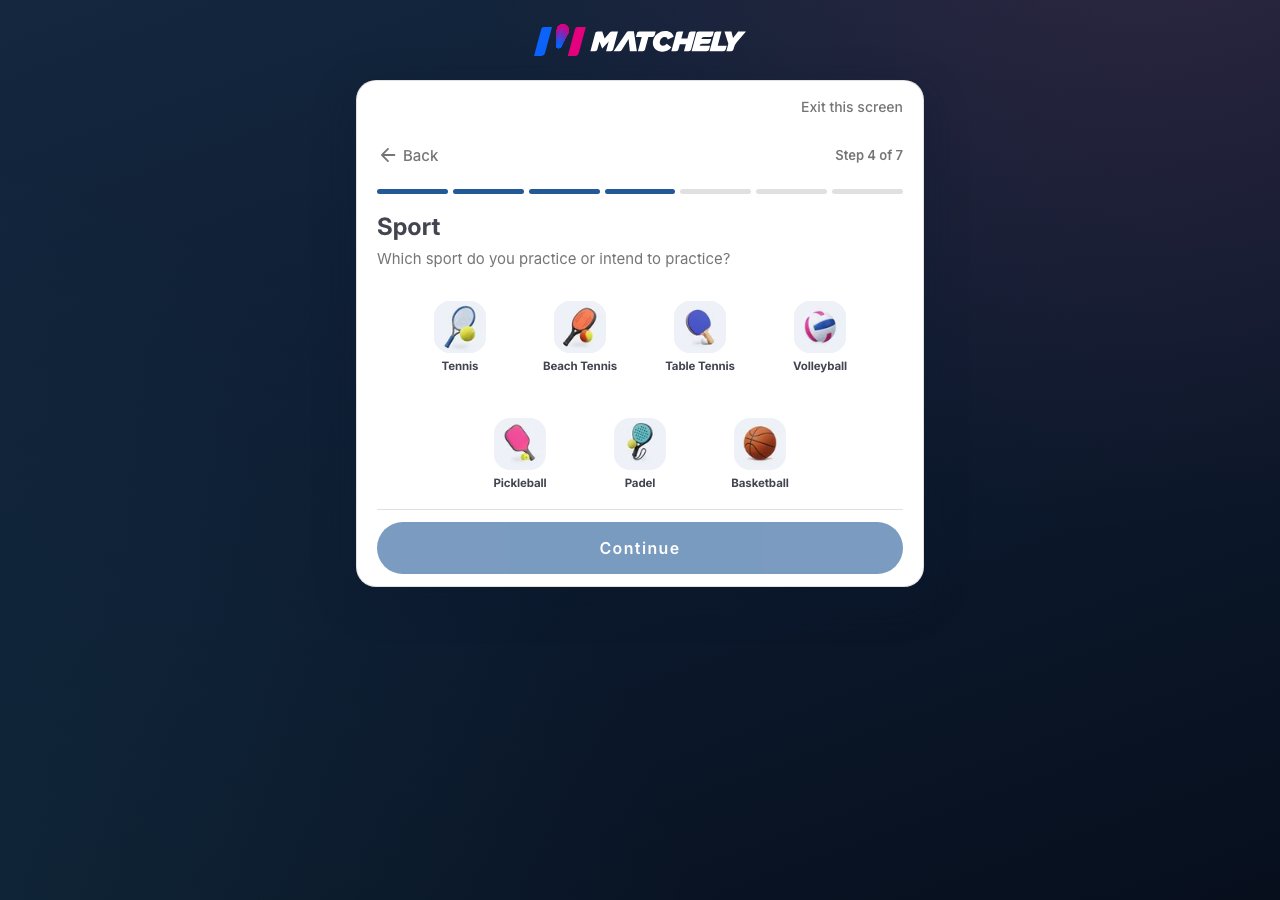 Profile wizard step showing the list of available sports