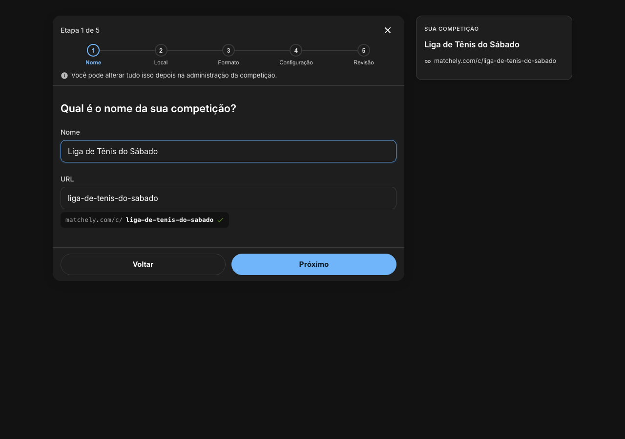 Primeiro passo do assistente de criação, com o campo de nome preenchido e o endereço da competição gerado automaticamente