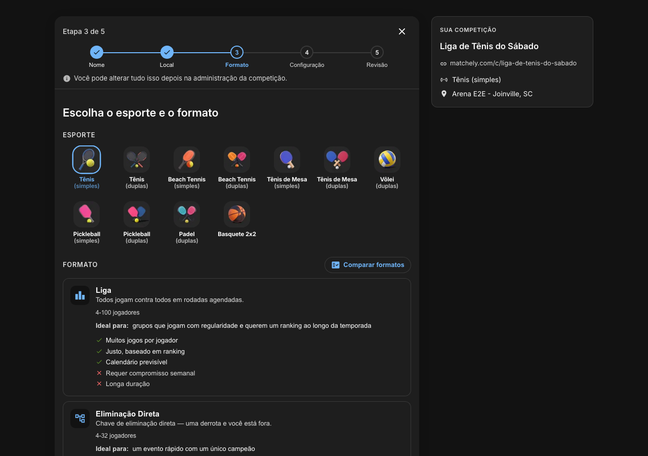 Terceiro passo do assistente, com um esporte selecionado e a lista de formatos disponíveis