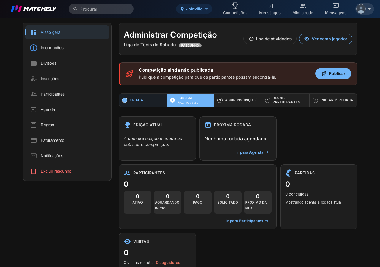 Tela de administração da competição, com o aviso de que ela ainda não foi publicada e o botão Publicar