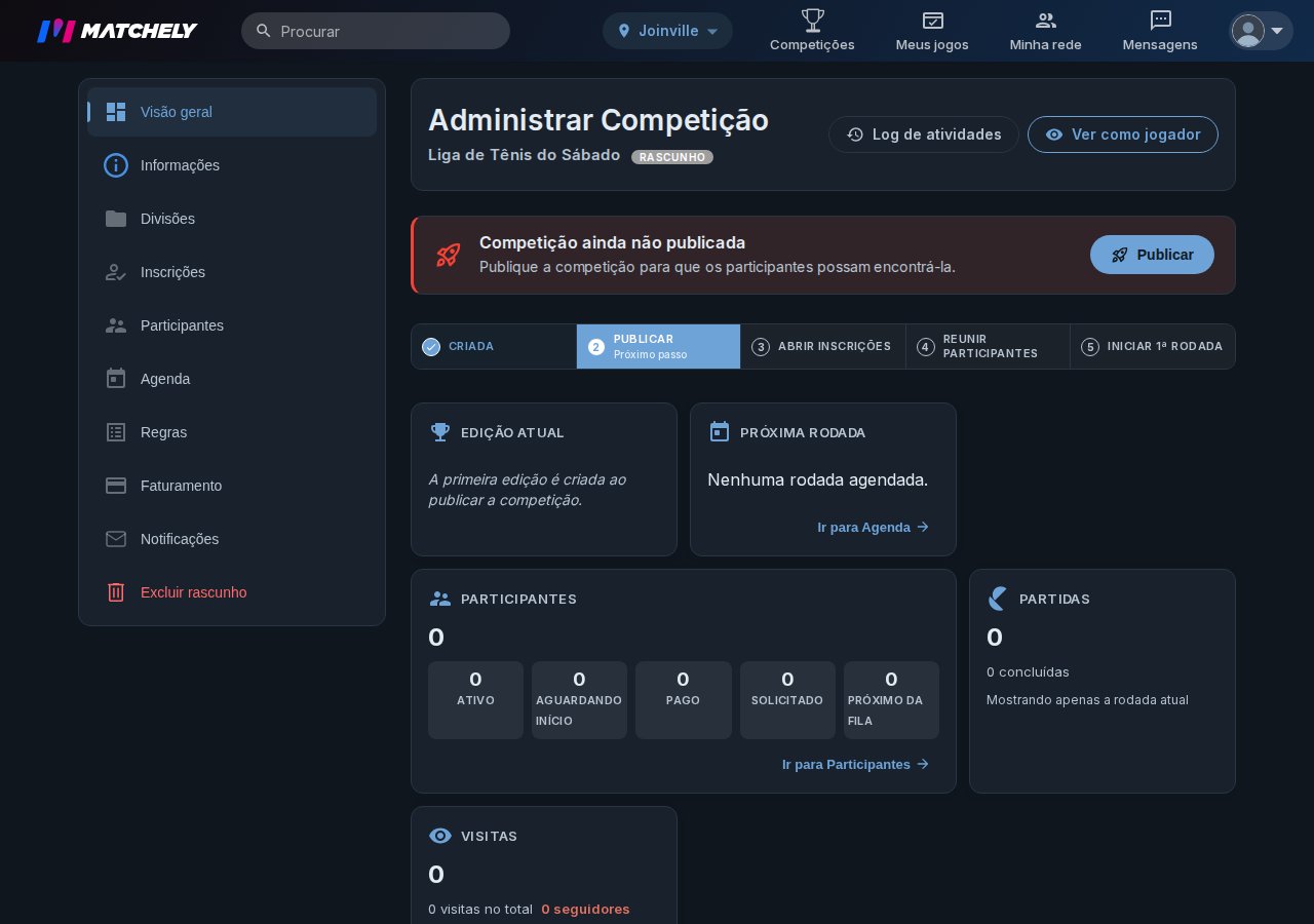 Tela de administração da competição, com o aviso de que ela ainda não foi publicada e o botão Publicar