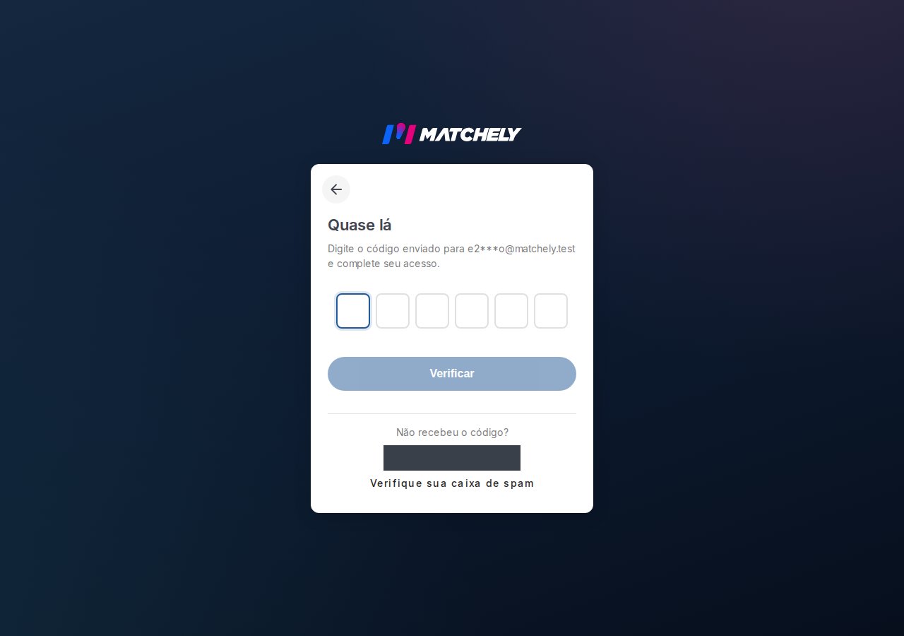 Tela de verificação, com os seis campos do código enviado por e-mail