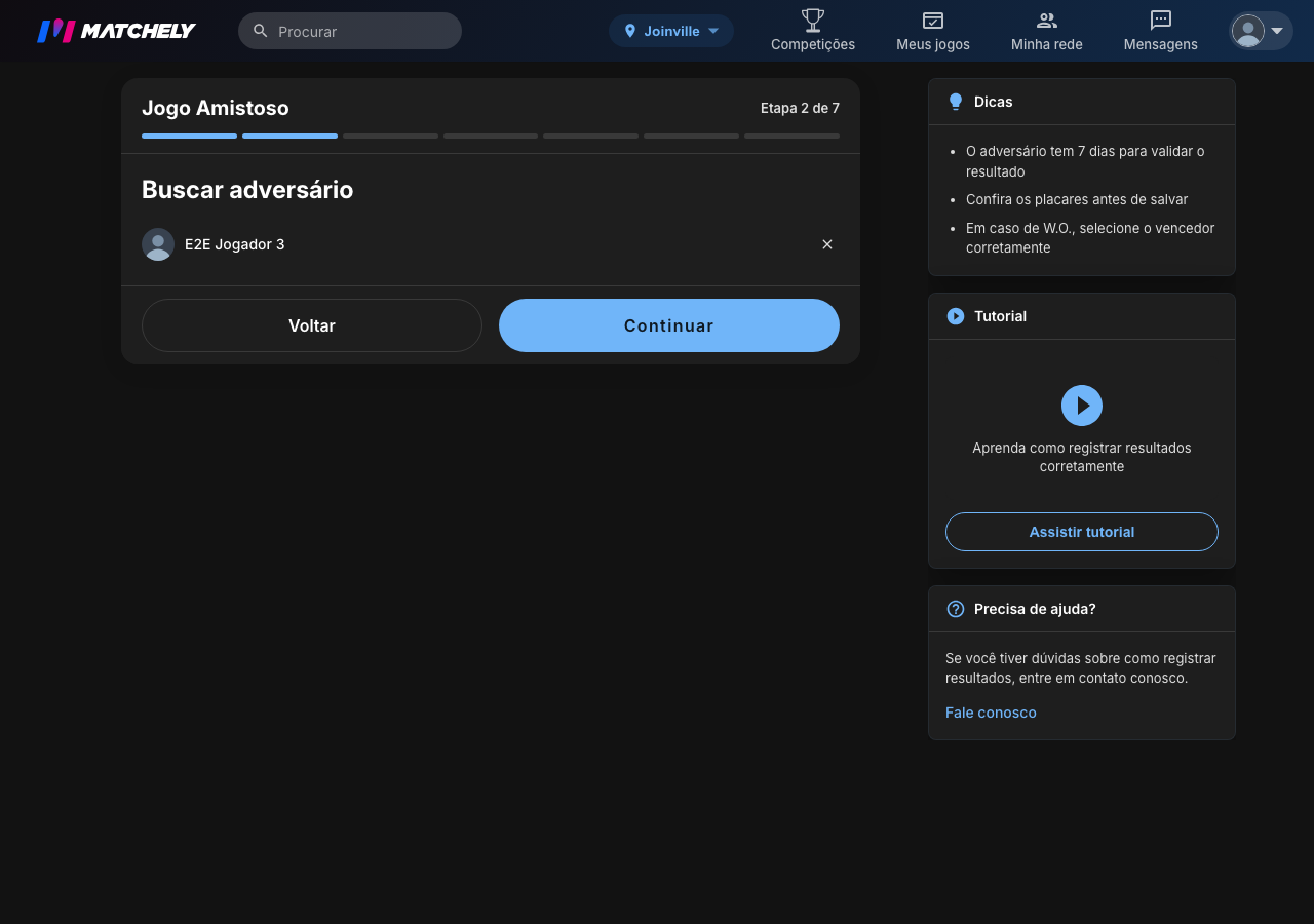 Passo do assistente de amistoso com o adversário selecionado