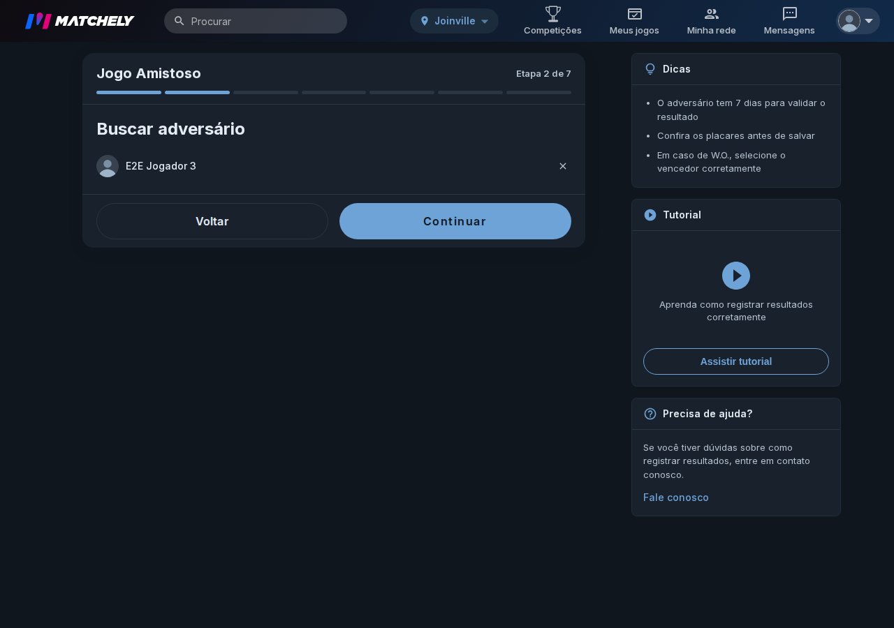 Passo do assistente de amistoso com o adversário selecionado