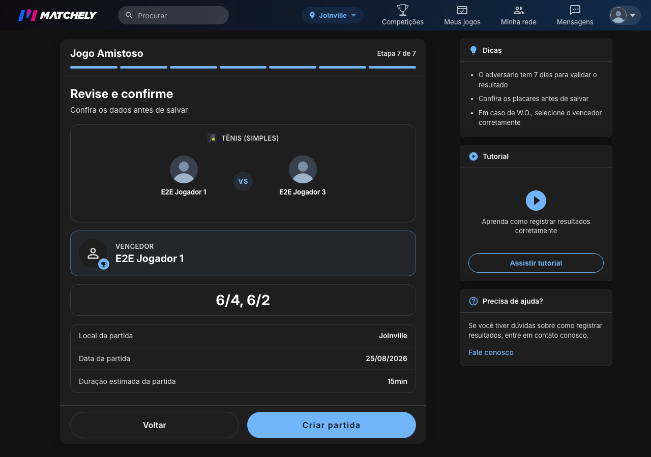 Tela de revisão do amistoso, com jogadores, local, data e placar