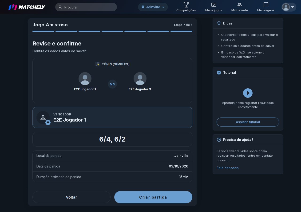 Tela de revisão do amistoso, com jogadores, local, data e placar
