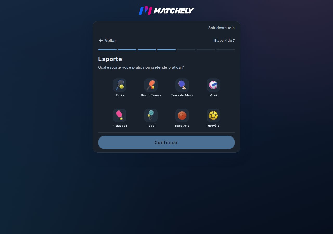 Passo do assistente de perfil com a lista de esportes disponíveis