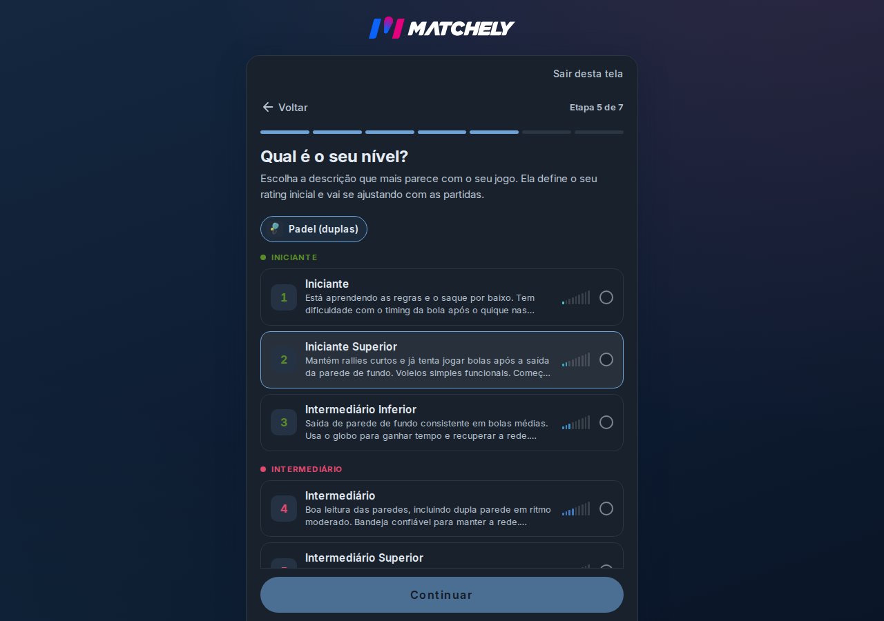 Passo do nível, com os nove níveis listados e uma barra indicando a progressão