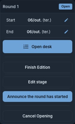 Card of the open Round 1, with the start and end dates, the Open desk button and the other round actions