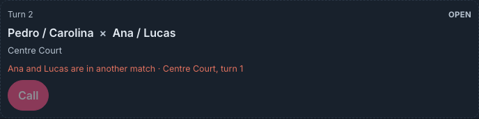 Turn 2 card, Open, with the notice Ana and Lucas are in another match · Centre Court, turn 1, and the Call button disabled