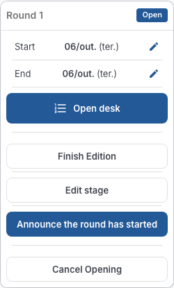 Card of the open Round 1, with the start and end dates, the Open desk button and the other round actions