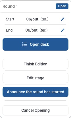 Card of the open Round 1, with the start and end dates, the Open desk button and the other round actions