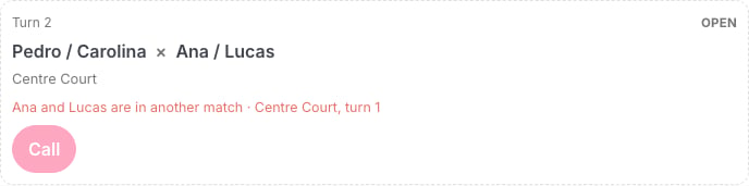 Turn 2 card, Open, with the notice Ana and Lucas are in another match · Centre Court, turn 1, and the Call button disabled