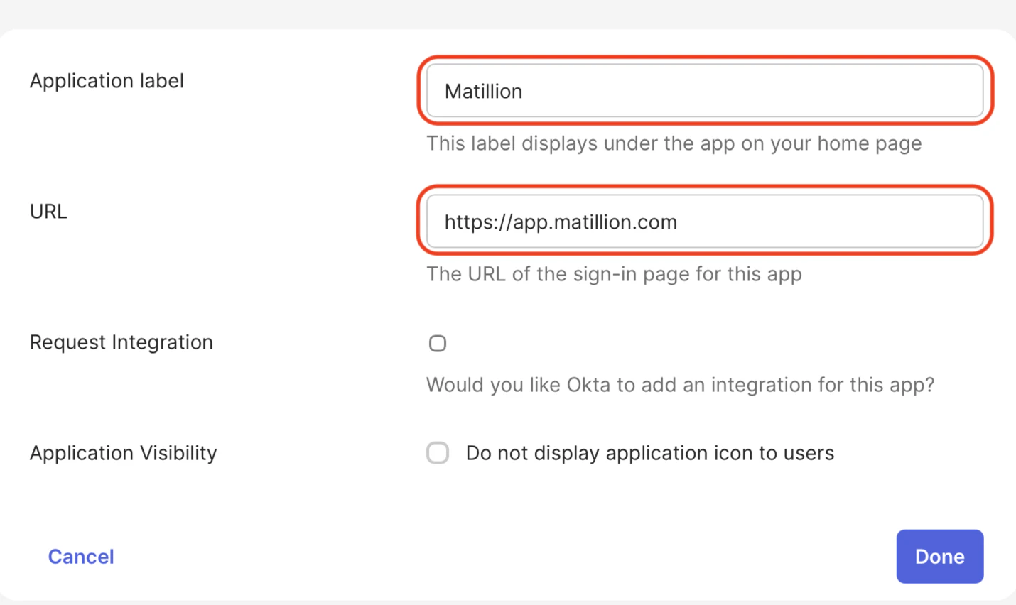 Application label and URL