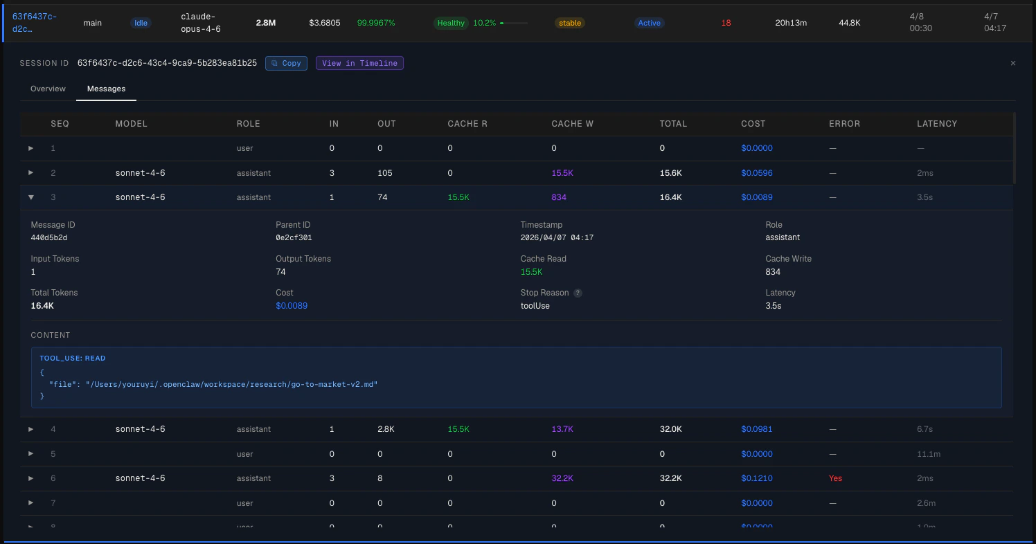 Session Messages — message-level token and cost details