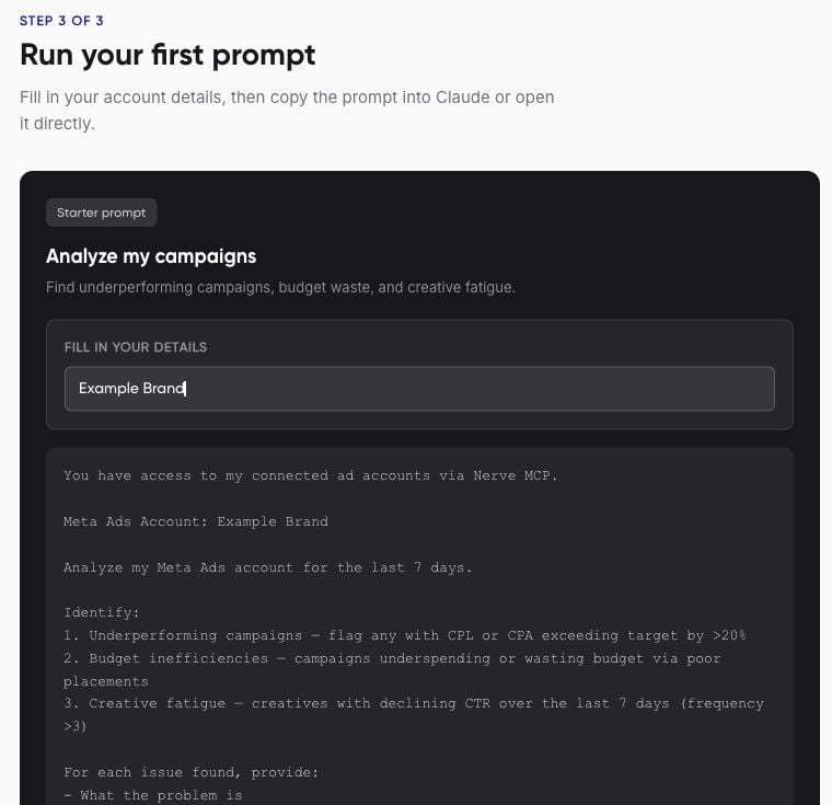 Nerve First prompt page with an example account name