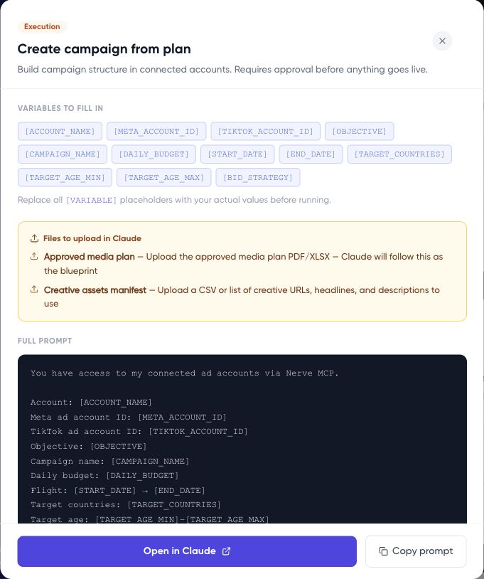 Campaign prompt modal showing variable tokens and instructions