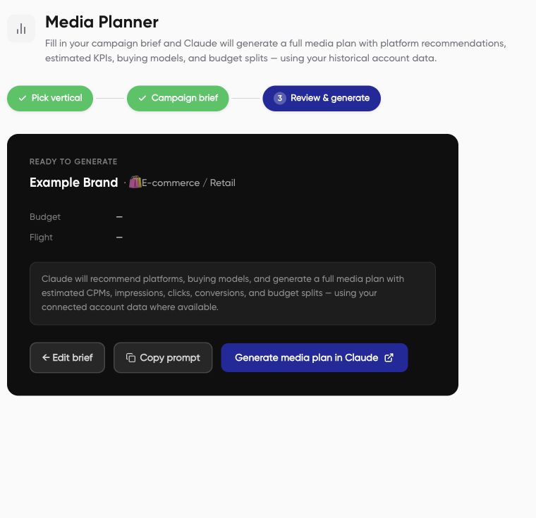 Media planner review screen with copy and Claude handoff actions