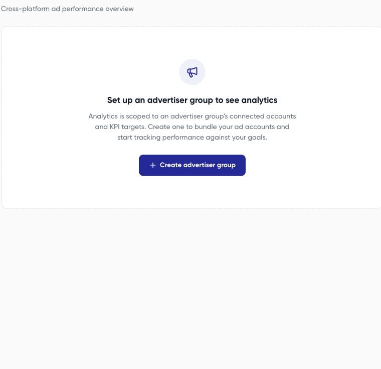 Analytics empty state requesting an advertiser group