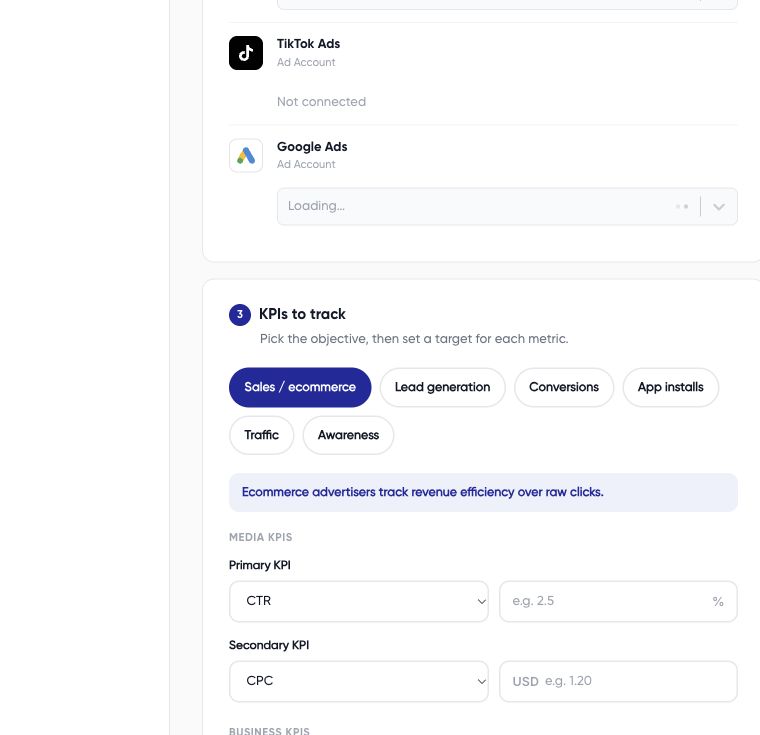 Advertiser group form with name, website, industry, and currency fields