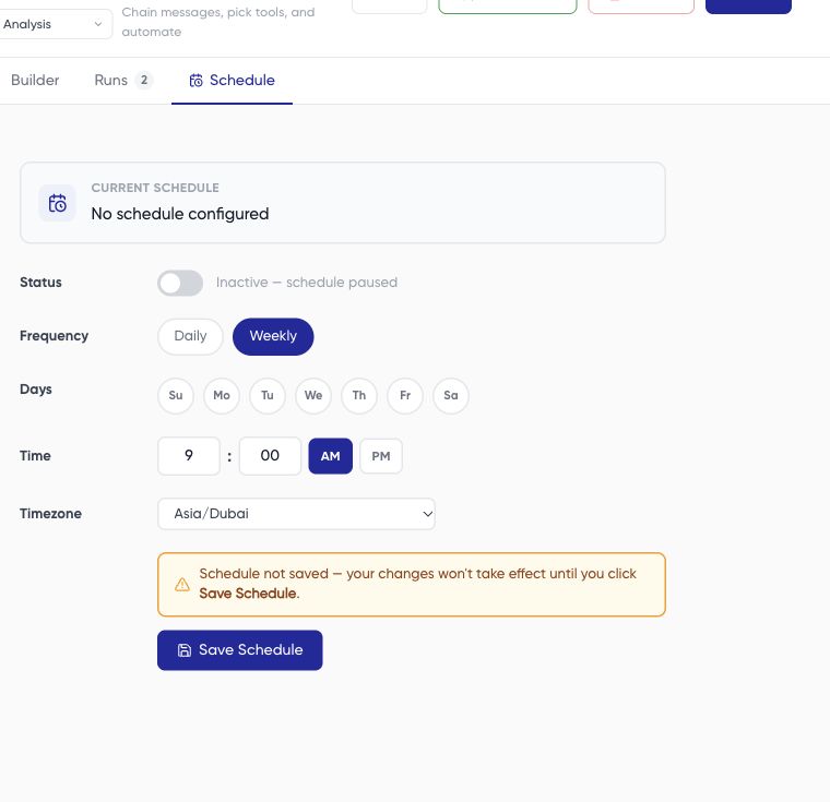 Workflow schedule editor showing weekly controls and an off status
