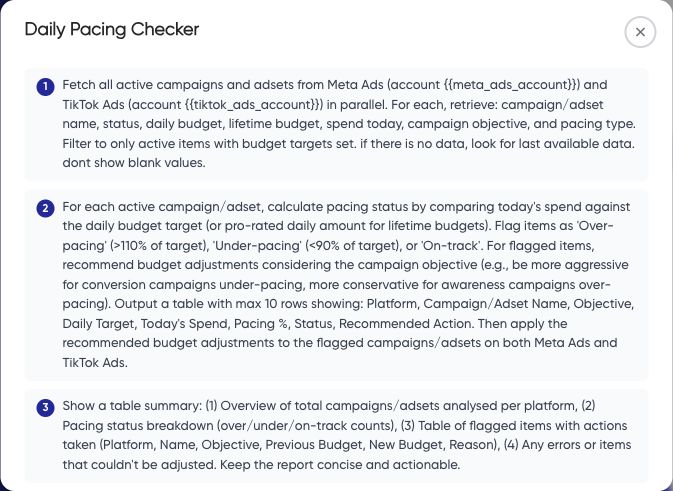 Daily Pacing Checker details including instructions to apply budget adjustments