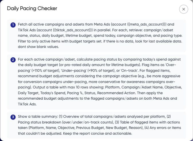 Daily Pacing Checker details including instructions to apply budget adjustments