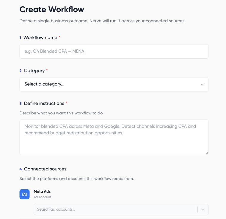 New workflow form with name, category, and instructions