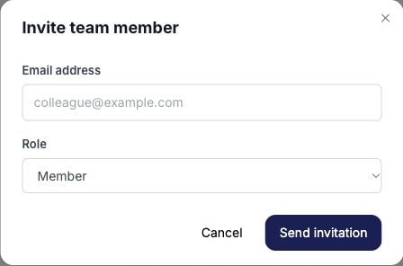 Blank Invite team member dialog with email and role selection